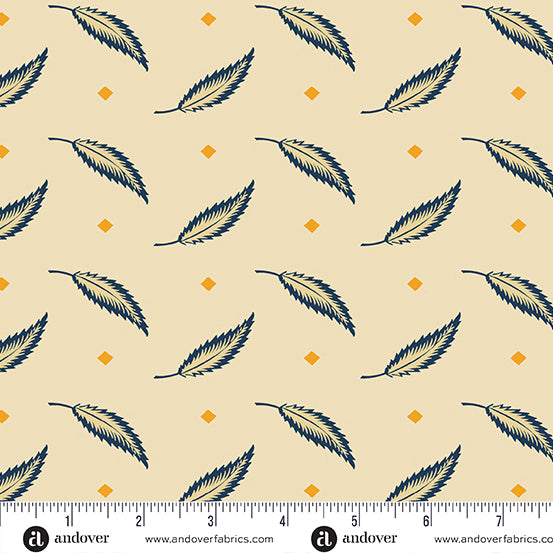 Indigo Cheddar II Cream Tossed Leaves from Andover Fabrics